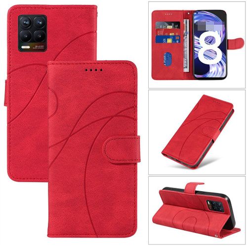 Saturcase Coque Pour Realme 8 4g / Realme 8 Pro, Courbe Pu Cuir Magnétique Flip Portefeuille Support Porte-Carte Dragonne Protecteur Housse Étui Pour Realme 8 4g / Realme 8 Pro (Hx-Rouge)
