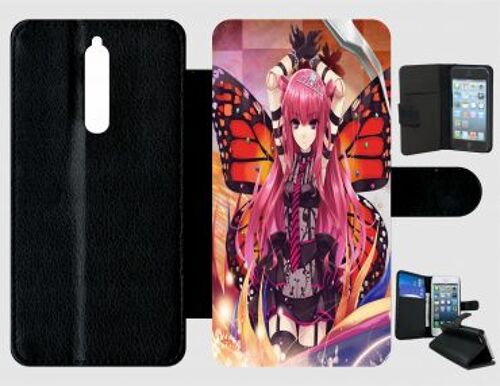 Etui À Rabat Pour Nokia 8 - Fille Manga Rose - Simili-Cuir - Noir