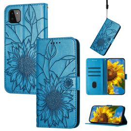 Saturcase Coque Pour Samsung Galaxy A22 5g, Tournesol Pu Cuir Magnétique Flip Portefeuille Support Porte-Carte Dragonne Protecteur Housse Étui Pour Samsung Galaxy A22 5g (He-Bleu)