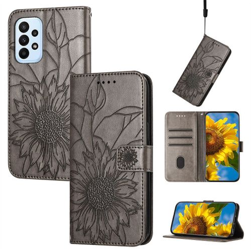 Saturcase Coque Pour Samsung Galaxy A33 5g, Tournesol Pu Cuir Magnétique Flip Portefeuille Support Porte-Carte Dragonne Protecteur Housse Étui Pour Samsung Galaxy A33 5g (He-Gris)
