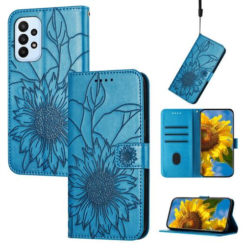 Saturcase Coque Pour Samsung Galaxy A33 5g, Tournesol Pu Cuir Magnétique Flip Portefeuille Support Porte-Carte Dragonne Protecteur Housse Étui Pour Samsung Galaxy A33 5g (He-Bleu)