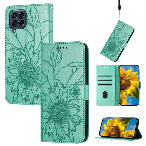 Saturcase Coque Pour Samsung Galaxy M33 5g, Tournesol Pu Cuir Magnétique Flip Portefeuille Support Porte-Carte Dragonne Protecteur Housse Étui Pour Samsung Galaxy M33 5g (He-Vert)