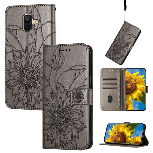 Saturcase Coque Pour Samsung Galaxy A6 2018, Tournesol Pu Cuir Magnétique Flip Portefeuille Support Porte-Carte Dragonne Protecteur Housse Étui Pour Samsung Galaxy A6 2018 (He-Gris)