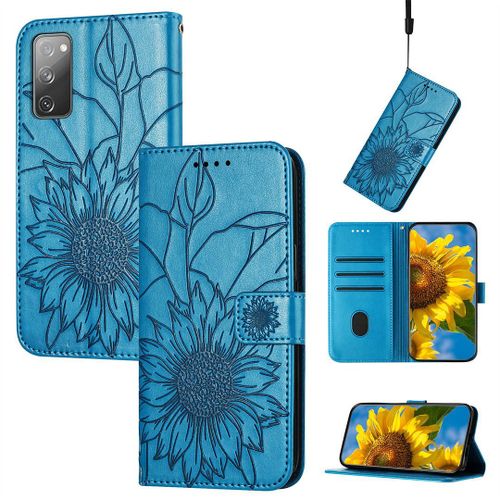Saturcase Coque Pour Samsung Galaxy S20 Fe 5g, Tournesol Pu Cuir Magnétique Flip Portefeuille Support Porte-Carte Dragonne Protecteur Housse Étui Pour Samsung Galaxy S20 Fe 5g (He-Bleu)
