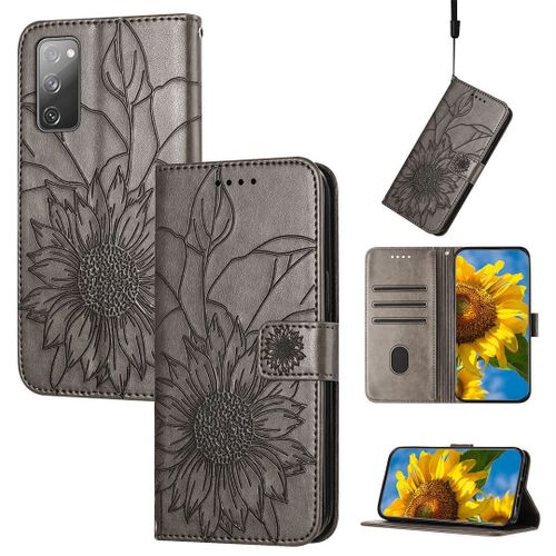 Saturcase Coque Pour Samsung Galaxy S20 Fe 5g, Tournesol Pu Cuir Magnétique Flip Portefeuille Support Porte-Carte Dragonne Protecteur Housse Étui Pour Samsung Galaxy S20 Fe 5g (He-Gris)