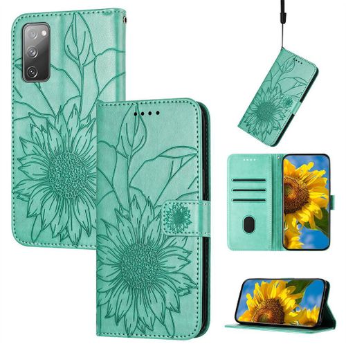 Saturcase Coque Pour Samsung Galaxy S20 Fe 5g, Tournesol Pu Cuir Magnétique Flip Portefeuille Support Porte-Carte Dragonne Protecteur Housse Étui Pour Samsung Galaxy S20 Fe 5g (He-Vert)