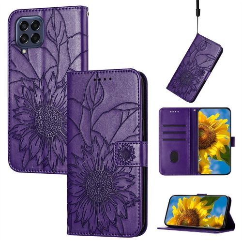 Saturcase Coque Pour Samsung Galaxy M33 5g, Tournesol Pu Cuir Magnétique Flip Portefeuille Support Porte-Carte Dragonne Protecteur Housse Étui Pour Samsung Galaxy M33 5g (He-Violet)