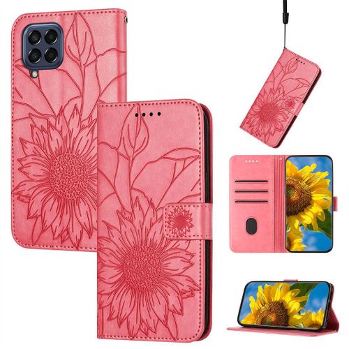 Saturcase Coque Pour Samsung Galaxy M33 5g, Tournesol Pu Cuir Magnétique Flip Portefeuille Support Porte-Carte Dragonne Protecteur Housse Étui Pour Samsung Galaxy M33 5g (He-Pink)