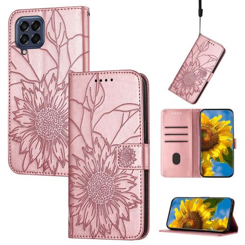 Saturcase Coque Pour Samsung Galaxy M33 5g, Tournesol Pu Cuir Magnétique Flip Portefeuille Support Porte-Carte Dragonne Protecteur Housse Étui Pour Samsung Galaxy M33 5g (He-Or Rose)