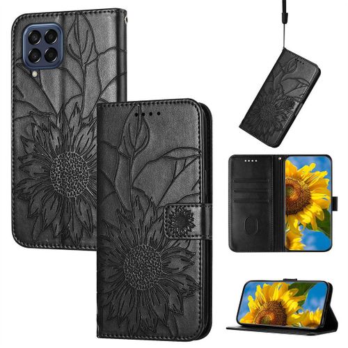 Saturcase Coque Pour Samsung Galaxy M33 5g, Tournesol Pu Cuir Magnétique Flip Portefeuille Support Porte-Carte Dragonne Protecteur Housse Étui Pour Samsung Galaxy M33 5g (He-Noir)
