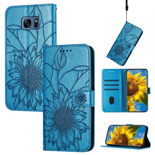 Saturcase Coque Pour Samsung Galaxy S7 Edge, Tournesol Pu Cuir Magnétique Flip Portefeuille Support Porte-Carte Dragonne Protecteur Housse Étui Pour Samsung Galaxy S7 Edge (He-Bleu)