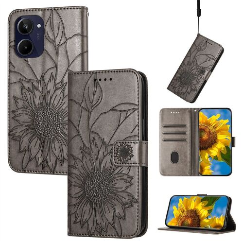 Saturcase Coque Pour Realme 10 4g, Tournesol Pu Cuir Magnétique Flip Portefeuille Support Porte-Carte Dragonne Protecteur Housse Étui Pour Realme 10 4g (He-Gris)