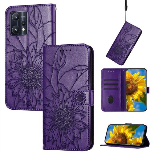 Saturcase Coque Pour Realme 9 Pro Plus, Tournesol Pu Cuir Magnétique Flip Portefeuille Support Porte-Carte Dragonne Protecteur Housse Étui Pour Realme 9 Pro Plus (He-Violet)