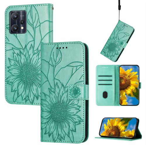 Saturcase Coque Pour Realme 9 Pro Plus, Tournesol Pu Cuir Magnétique Flip Portefeuille Support Porte-Carte Dragonne Protecteur Housse Étui Pour Realme 9 Pro Plus (He-Vert)