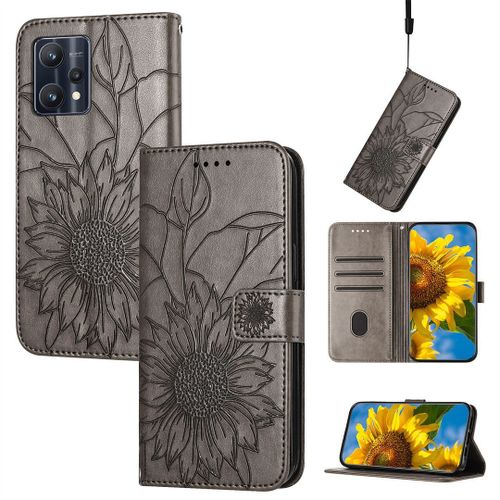 Saturcase Coque Pour Realme 9 Pro Plus, Tournesol Pu Cuir Magnétique Flip Portefeuille Support Porte-Carte Dragonne Protecteur Housse Étui Pour Realme 9 Pro Plus (He-Gris)