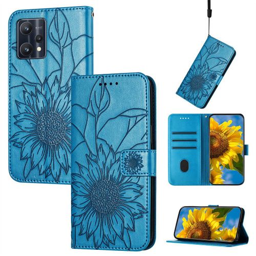 Saturcase Coque Pour Realme 9 Pro Plus, Tournesol Pu Cuir Magnétique Flip Portefeuille Support Porte-Carte Dragonne Protecteur Housse Étui Pour Realme 9 Pro Plus (He-Bleu)