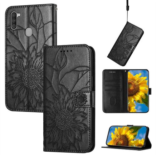 Saturcase Coque Pour Samsung Galaxy A11, Tournesol Pu Cuir Magnétique Flip Portefeuille Support Porte-Carte Dragonne Protecteur Housse Étui Pour Samsung Galaxy A11 (He-Noir)