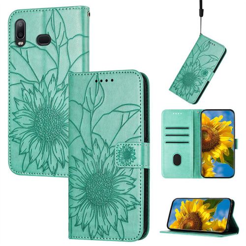 Saturcase Coque Pour Samsung Galaxy A10s, Tournesol Pu Cuir Magnétique Flip Portefeuille Support Porte-Carte Dragonne Protecteur Housse Étui Pour Samsung Galaxy A10s (He-Vert)