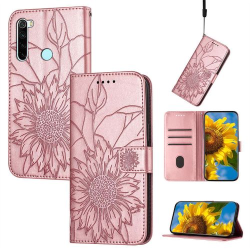 Saturcase Coque Pour Xiaomi Redmi Note 8t, Tournesol Pu Cuir Magnétique Flip Portefeuille Support Porte-Carte Dragonne Protecteur Housse Étui Pour Xiaomi Redmi Note 8t (He-Or Rose)