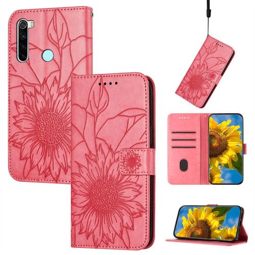 Saturcase Coque Pour Xiaomi Redmi Note 8t, Tournesol Pu Cuir Magnétique Flip Portefeuille Support Porte-Carte Dragonne Protecteur Housse Étui Pour Xiaomi Redmi Note 8t (He-Pink)