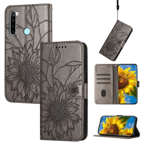 Saturcase Coque Pour Xiaomi Redmi Note 8t, Tournesol Pu Cuir Magnétique Flip Portefeuille Support Porte-Carte Dragonne Protecteur Housse Étui Pour Xiaomi Redmi Note 8t (He-Gris)