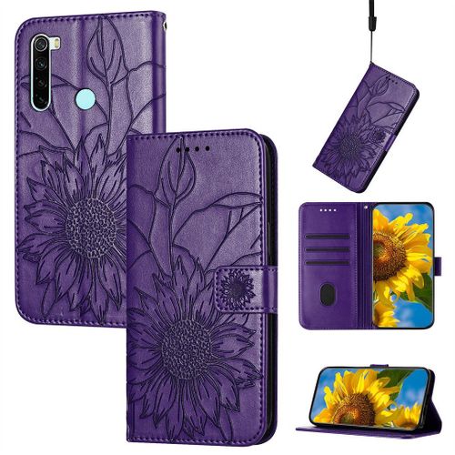 Saturcase Coque Pour Xiaomi Redmi Note 8t, Tournesol Pu Cuir Magnétique Flip Portefeuille Support Porte-Carte Dragonne Protecteur Housse Étui Pour Xiaomi Redmi Note 8t (He-Violet)