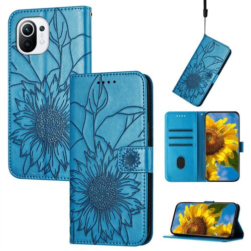 Saturcase Coque Pour Xiaomi Mi 11 Lite, Tournesol Pu Cuir Magnétique Flip Portefeuille Support Porte-Carte Dragonne Protecteur Housse Étui Pour Xiaomi Mi 11 Lite (He-Bleu)