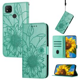 Saturcase Coque Pour Xiaomi Redmi 9c, Tournesol Pu Cuir Magnétique Flip Portefeuille Support Porte-Carte Dragonne Protecteur Housse Étui Pour Xiaomi Redmi 9c (He-Vert)