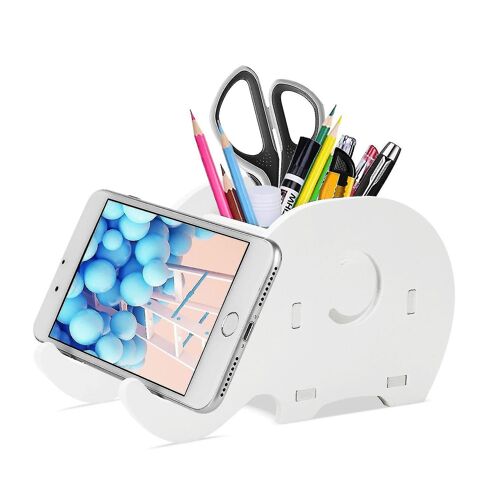 Organisateur de fournitures de bureau, Cute Elephant Pen Pot Pencil Holder avec support de téléphone portable Tablet Support de bureau Compatible Téléphone