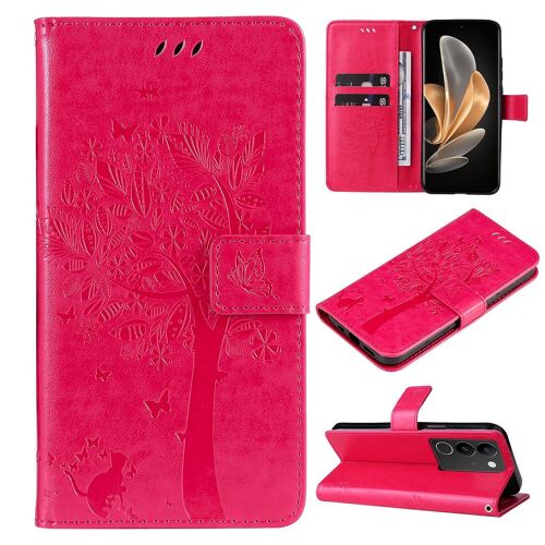 Saturcase Coque Pour Vivo V29 5g, Arbre À Chat Pu Cuir Magnétique Flip Portefeuille Support Porte-Carte Protecteur Housse Étui Avec Dragonne Pour Vivo V29 5g (Rose)
