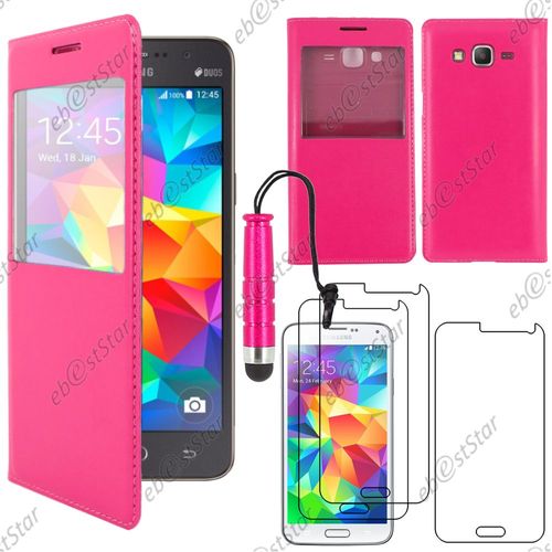 Ebeststar ® Pour Samsung Galaxy Grand Prime Sm-G530f Value Edition Sm-G531f - Housse Coque Etui Style View Portefeuille + Mini Stylet + 3 Film Écran, Couleur Rose [Dimensions Precises De Votre Appareil : 144.8 X 72.1 X 8.6 Mm, Écran 5'']