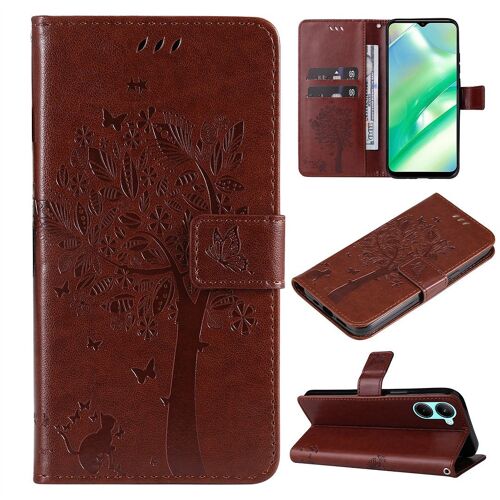 Saturcase Coque Pour Realme C33, Arbre À Chat Pu Cuir Magnétique Flip Portefeuille Support Porte-Carte Protecteur Housse Étui Avec Dragonne Pour Realme C33 (Marron)