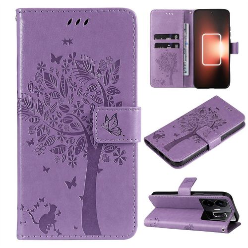 Saturcase Coque Pour Realme Gt Neo 5, Arbre À Chat Pu Cuir Magnétique Flip Portefeuille Support Porte-Carte Protecteur Housse Étui Avec Dragonne Pour Realme Gt Neo 5 (Lavande)