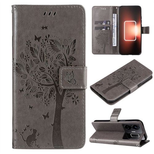 Saturcase Coque Pour Realme Gt Neo 5, Arbre À Chat Pu Cuir Magnétique Flip Portefeuille Support Porte-Carte Protecteur Housse Étui Avec Dragonne Pour Realme Gt Neo 5 (Gris)