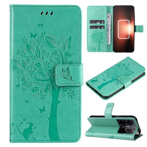 Saturcase Coque Pour Realme Gt Neo 5, Arbre À Chat Pu Cuir Magnétique Flip Portefeuille Support Porte-Carte Protecteur Housse Étui Avec Dragonne Pour Realme Gt Neo 5 (Vert)