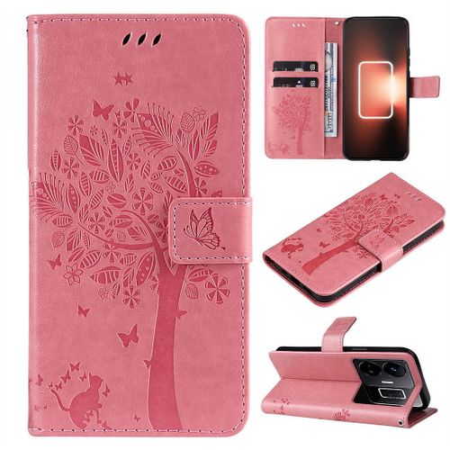 Saturcase Coque Pour Realme Gt Neo 5, Arbre À Chat Pu Cuir Magnétique Flip Portefeuille Support Porte-Carte Protecteur Housse Étui Avec Dragonne Pour Realme Gt Neo 5 (Pink)