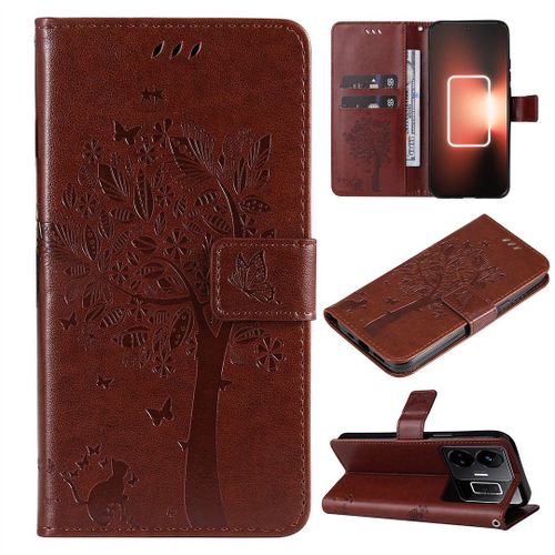 Saturcase Coque Pour Realme Gt Neo 5, Arbre À Chat Pu Cuir Magnétique Flip Portefeuille Support Porte-Carte Protecteur Housse Étui Avec Dragonne Pour Realme Gt Neo 5 (Marron)