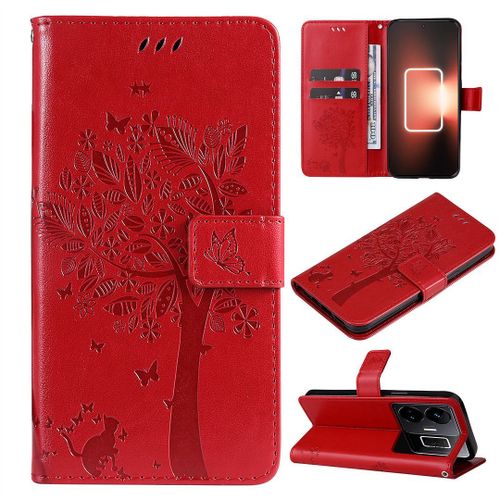 Saturcase Coque Pour Realme Gt Neo 5, Arbre À Chat Pu Cuir Magnétique Flip Portefeuille Support Porte-Carte Protecteur Housse Étui Avec Dragonne Pour Realme Gt Neo 5 (Rouge)