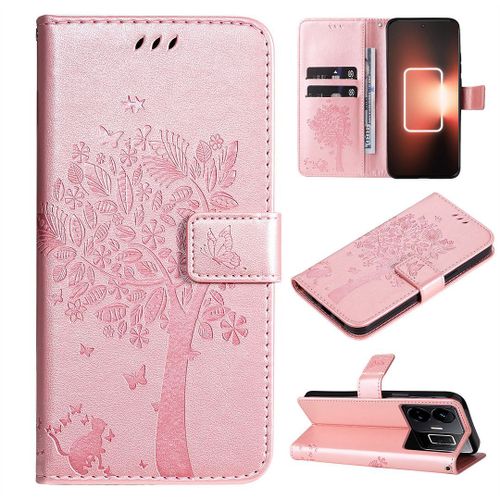 Saturcase Coque Pour Realme Gt Neo 5, Arbre À Chat Pu Cuir Magnétique Flip Portefeuille Support Porte-Carte Protecteur Housse Étui Avec Dragonne Pour Realme Gt Neo 5 (Or Rose)