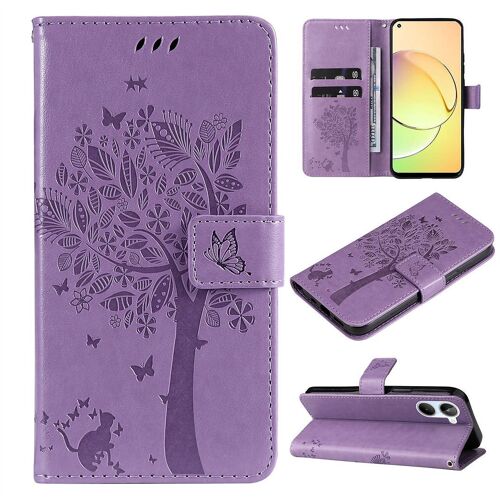 Saturcase Coque Pour Realme 10 4g, Arbre À Chat Pu Cuir Magnétique Flip Portefeuille Support Porte-Carte Protecteur Housse Étui Avec Dragonne Pour Realme 10 4g (Lavande)
