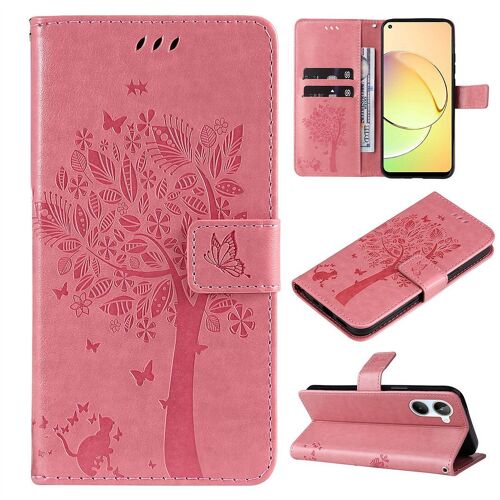 Saturcase Coque Pour Realme 10 4g, Arbre À Chat Pu Cuir Magnétique Flip Portefeuille Support Porte-Carte Protecteur Housse Étui Avec Dragonne Pour Realme 10 4g (Pink)