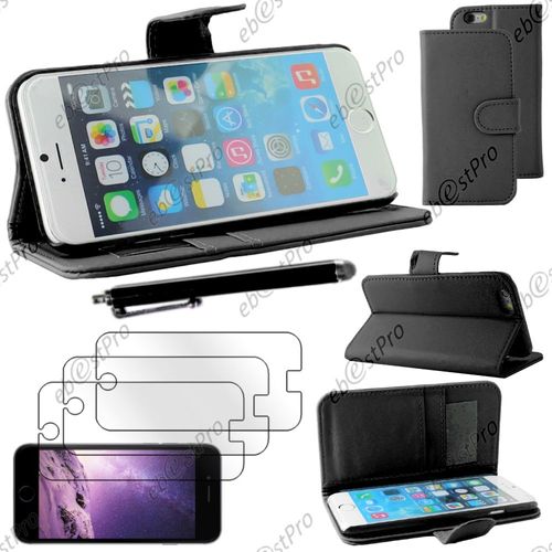 Ebeststar ® Housse Coque Etui Portefeuille Folio Book Livre Simili Cuir Pour Apple Iphone 6s Écran 4,7", Couleur Noir + Stylet 3 Film