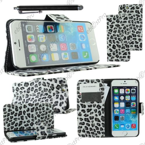 Ebeststar ® Housse Coque Etui Portefeuille Pu Cuir Folio Book Livre Motif Leopard Pour Apple Iphone 6s Écran 4,7", Couleur Noir + Stylet + 1 Film Protection D'écran + Lingette