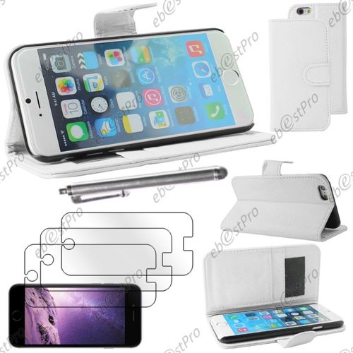 Ebeststar ® Housse Coque Etui Portefeuille Folio Book Livre Simili Cuir Pour Apple Iphone 6s Écran 4,7", Couleur Blanc + Stylet 3 Film