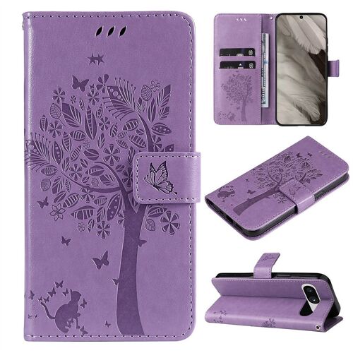 Saturcase Coque Pour Google Pixel 8, Arbre À Chat Pu Cuir Magnétique Flip Portefeuille Support Porte-Carte Protecteur Housse Étui Avec Dragonne Pour Google Pixel 8 (Lavande)