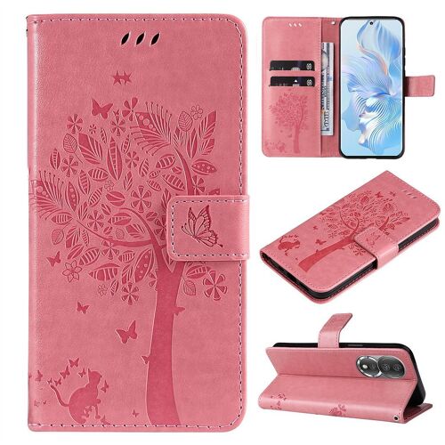 Saturcase Coque Pour Honor 80, Arbre À Chat Pu Cuir Magnétique Flip Portefeuille Support Porte-Carte Protecteur Housse Étui Avec Dragonne Pour Honor 80 (Pink)
