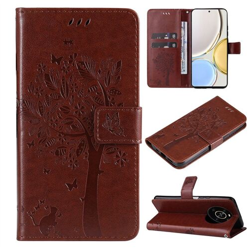 Saturcase Coque Pour Honor X9 2022, Arbre À Chat Pu Cuir Magnétique Flip Portefeuille Support Porte-Carte Protecteur Housse Étui Avec Dragonne Pour Honor X9 X30 2022 / Magic 4 Lite (Marron)
