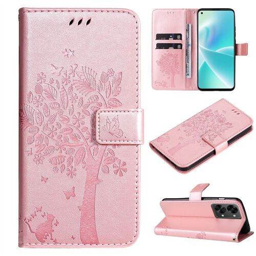Saturcase Coque Pour Oneplus Nord 2t, Arbre À Chat Pu Cuir Magnétique Flip Portefeuille Support Porte-Carte Protecteur Housse Étui Avec Dragonne Pour Oneplus Nord 2t (Or Rose)