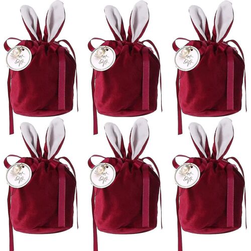 6pcs Red Rabbit Ear Sacs cadeaux de Pâques, Velours Saint-Valentin Chocolat Candy Packing Bag