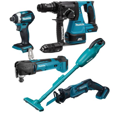 Makita - Pack de 5 outils 18V (DTD154/DJR183/DHR243/DTM51/DCL180) + 3 batteries 5Ah + chargeur  - DLX5045TJ  - Gris